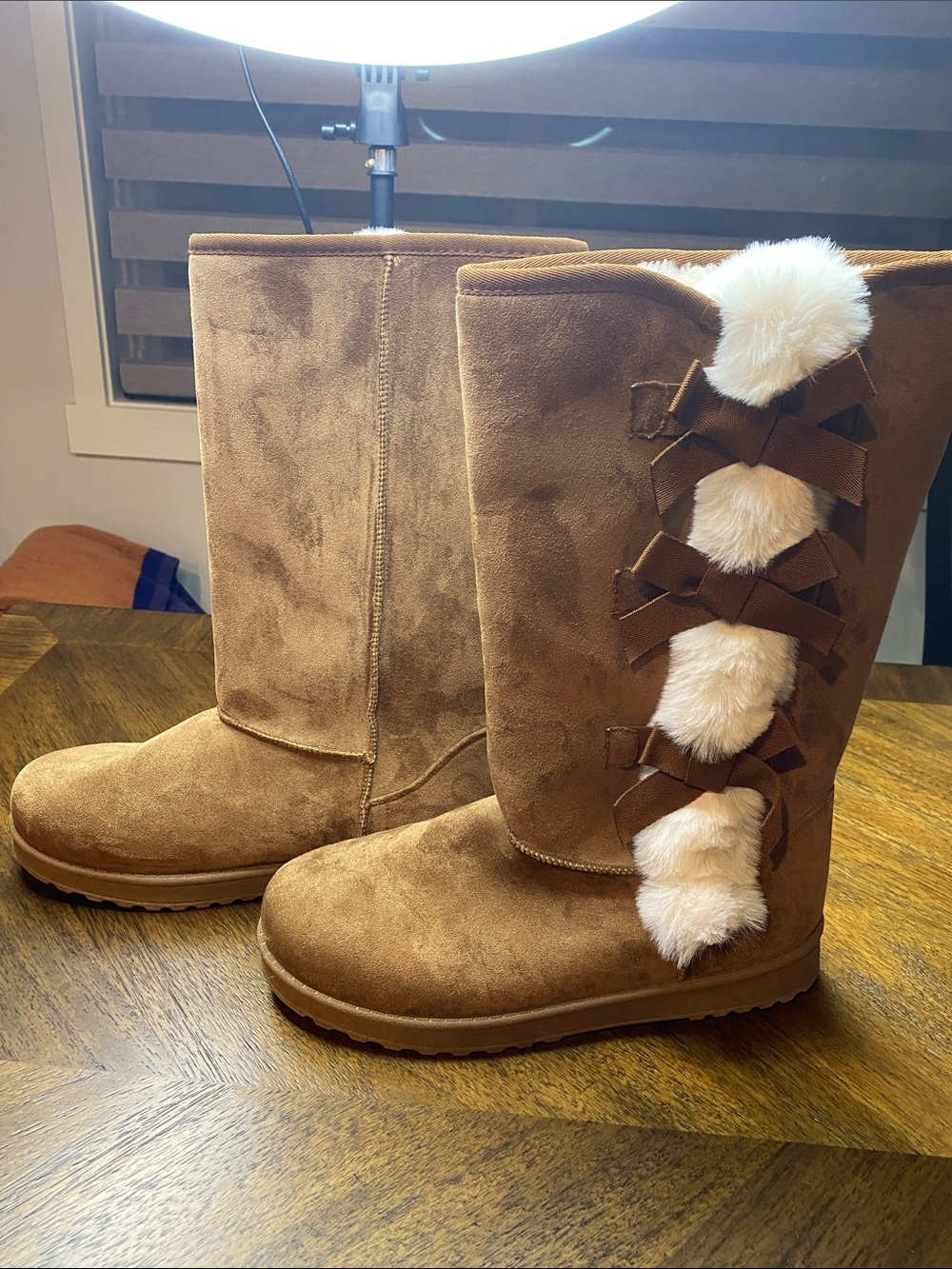 Tan Suede Winter Boots with Faux Fur Pom-Poms and Side Bows